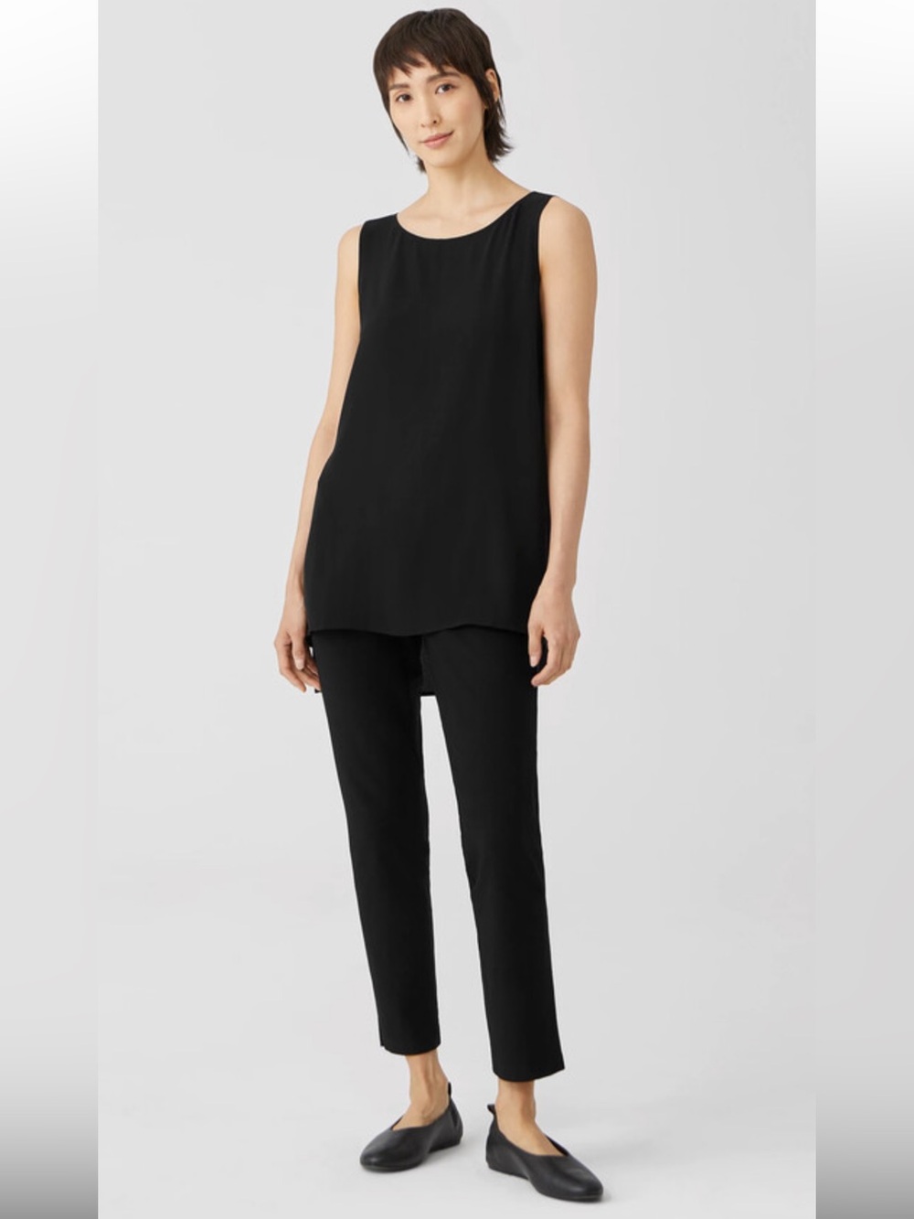 New! Eileen Fisher XXS black bateau neck silk georgette crape tank.